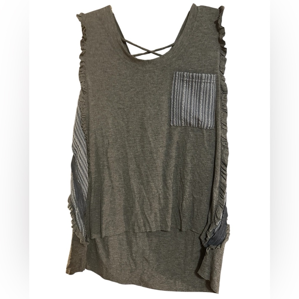 POL Olive Green Ruffle Tank with Striped Pocket